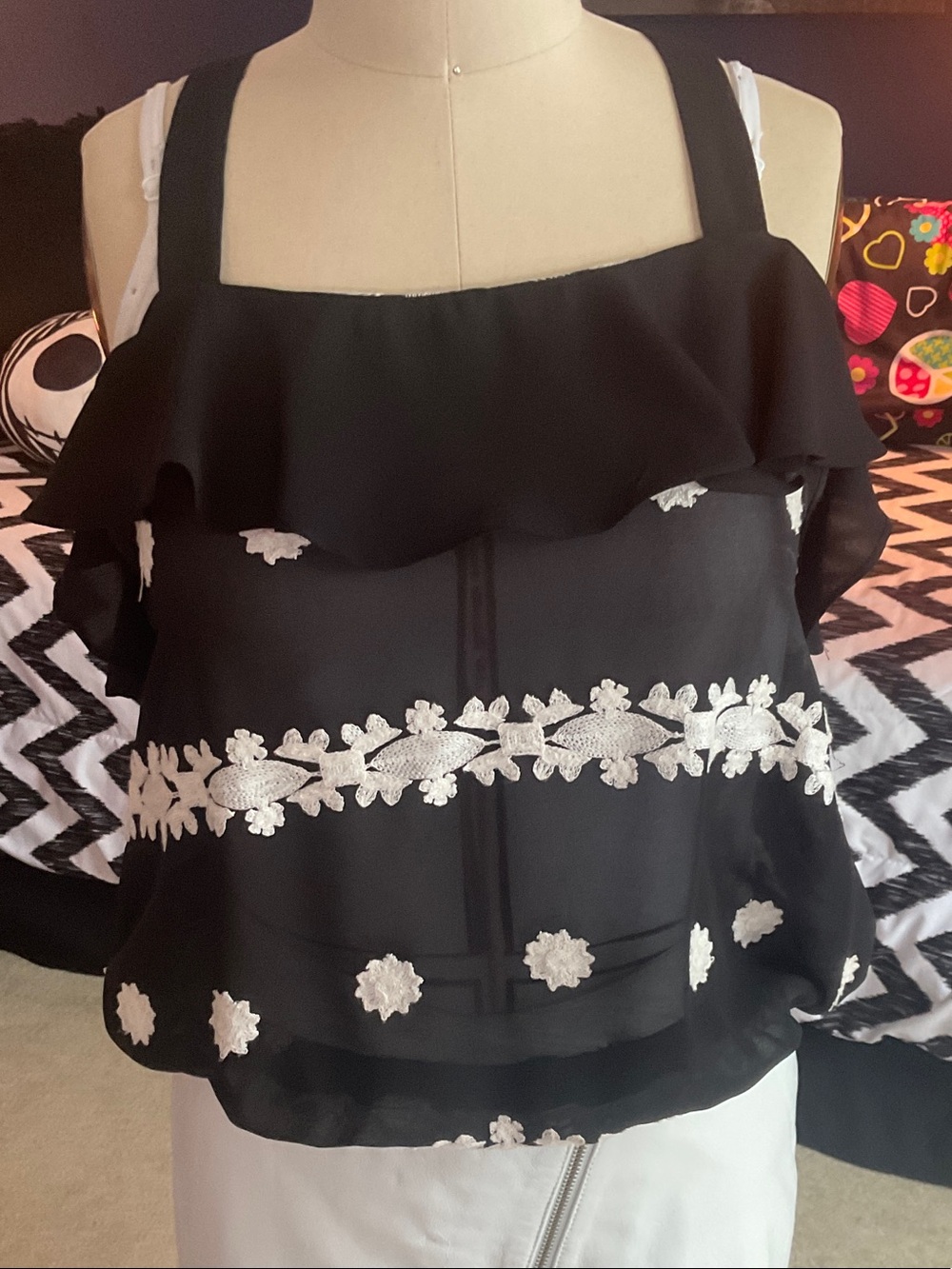 Endless Rose Black Ruffle Camisole with White Embroidery